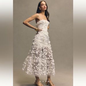 BHLDN Helsinki Audrey Square-Neck Floral Appliqué Sheer Midi Dress Size SMALL